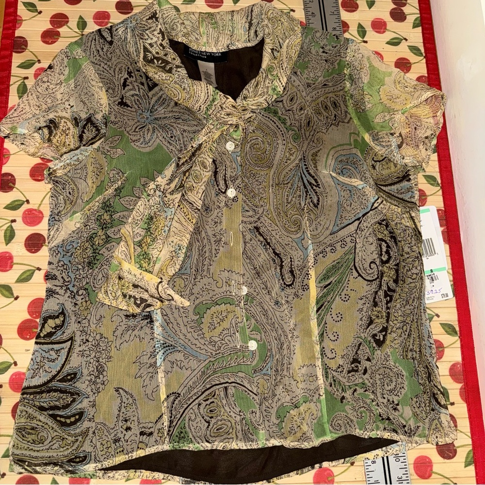 Jones New York Green & Blue Paisley Tie-Neck Blouse